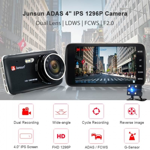 Buy Junsun 4.0" IPS Car DVR Camera Dual Lens Dash Cam FHD 1296P with Rear view