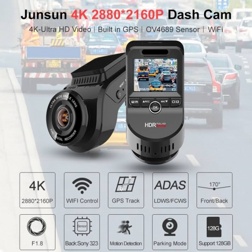 Junsun 4K Ultra HD WiFi Car Dash Cam 2160P 60fps ADAS Dvr with 1080P Sony Sensor Rear Camera Night Vision GPS